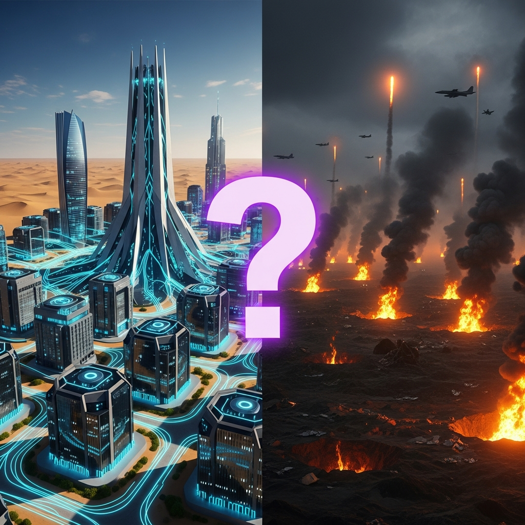 A split-view composite: On one side, gleaming data centers rising from desert sand with glowing cyan fiber cables. On the other, smoke rising from bombing targets in amber. Between them, a massive glowing violet question mark hovers. Dark moody background with cyan, amber, and violet accents.